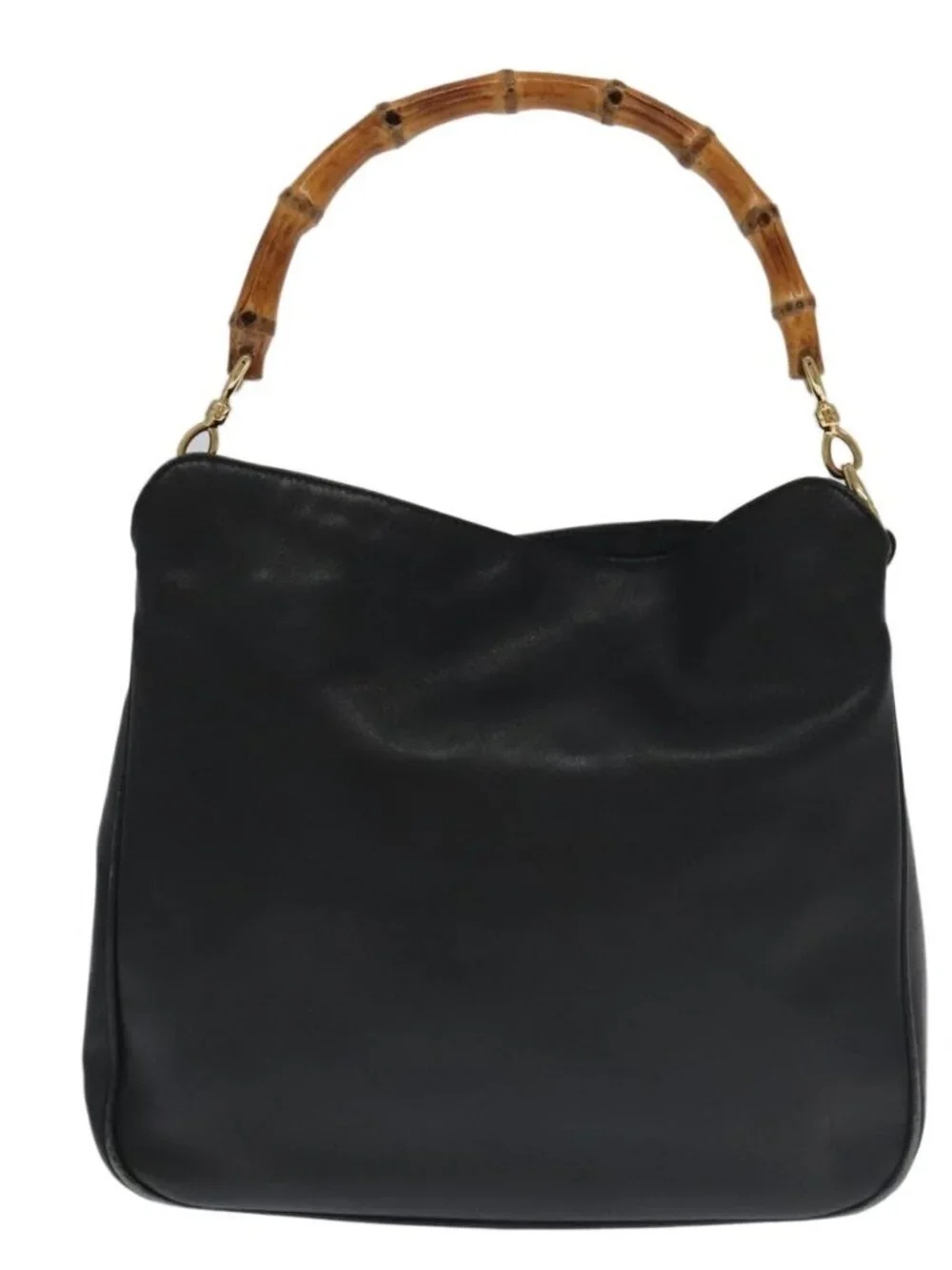 GUCCI Bamboo Hand Bag Leather 2way Black Gold 001 3754 1638 Auth ti2587